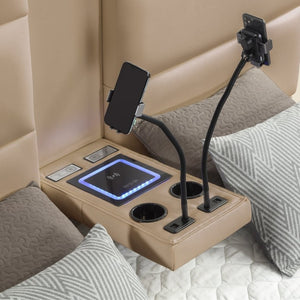 English Elm Futura King Bed Upholstered Caramel Fabric with LED Lighting and Built-In Charging Console B009S02282