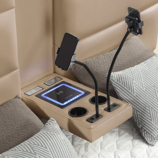 English Elm Futura King Bed Upholstered Caramel Fabric with LED Lighting and Built-In Charging Console B009S02282