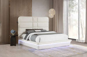 English Elm Futura Queen Upholstered Bed Tall Padded Headboard LED Lighting and Wireless Charging Console White B009S02283