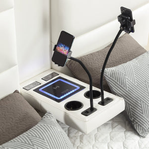 English Elm Futura Queen Upholstered Bed Tall Padded Headboard LED Lighting and Wireless Charging Console White B009S02283
