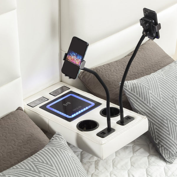 English Elm Futura Queen Upholstered Bed Tall Padded Headboard LED Lighting and Wireless Charging Console White B009S02283