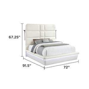 English Elm Futura Queen Upholstered Bed Tall Padded Headboard LED Lighting and Wireless Charging Console White B009S02283
