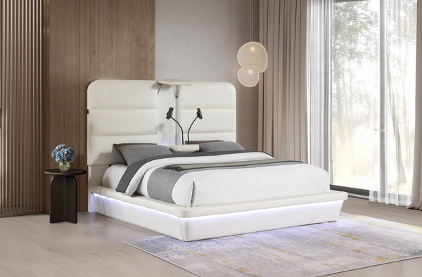 English Elm Futura Queen Upholstered Bed Tall Padded Headboard LED Lighting and Wireless Charging Console White B009S02283
