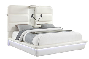 English Elm Futura Queen Upholstered Bed Tall Padded Headboard LED Lighting and Wireless Charging Console White B009S02283