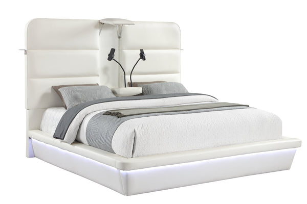 English Elm Futura Queen Upholstered Bed Tall Padded Headboard LED Lighting and Wireless Charging Console White B009S02283