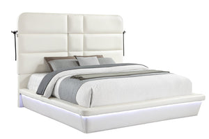 English Elm Futura Queen Upholstered Bed Tall Padded Headboard LED Lighting and Wireless Charging Console White B009S02283
