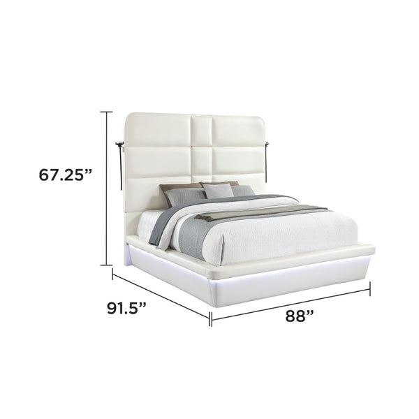 English Elm Futura King Bed Tall Padded Headboard LED Lighting Wireless Charging USB Platform White B009S02284
