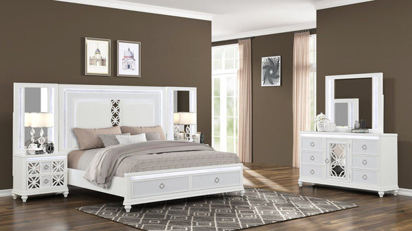 English Elm Abigale Queen Bedroom Set with Led Lighting Mirrored Nightstand and Footboard Storage B009S02287