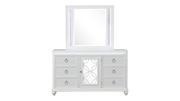 English Elm Abigale Queen Bedroom Set with Led Lighting Mirrored Nightstand and Footboard Storage B009S02287