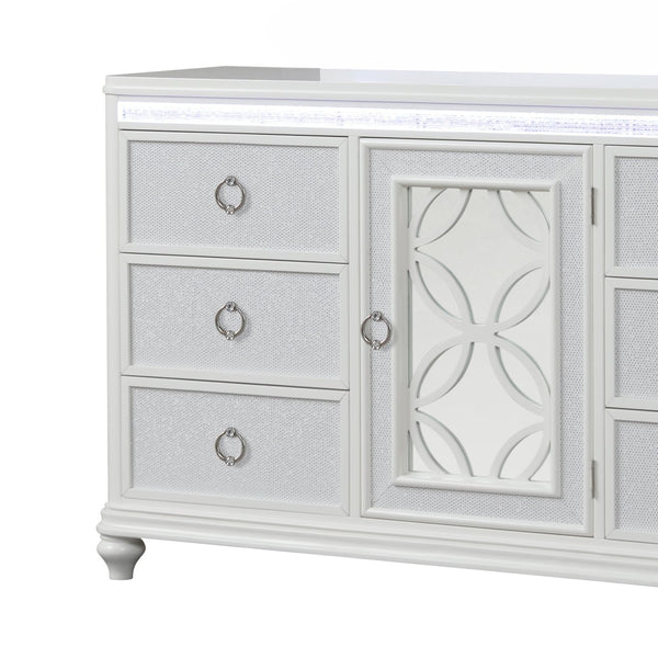 English Elm Abigale Queen Bedroom Set with Led Lighting Footboard Storage and White Wood Finish B009S02288