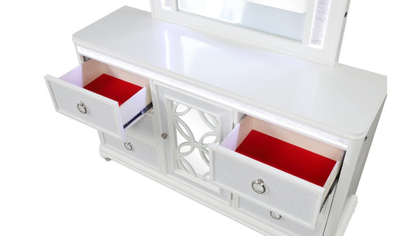 English Elm Abigale King Bedroom Set with LED Lighting Velvet Drawers and Overlay Panel Design B009S02290