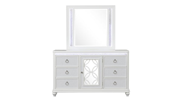 English Elm Abigale King Bedroom Set with LED Lighting Velvet Drawers and Overlay Panel Design B009S02290
