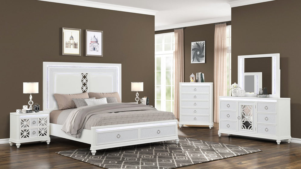 English Elm Abigale Queen Bedroom Set with Led Lighting Storage Footboard and White Panel Design B009S02292