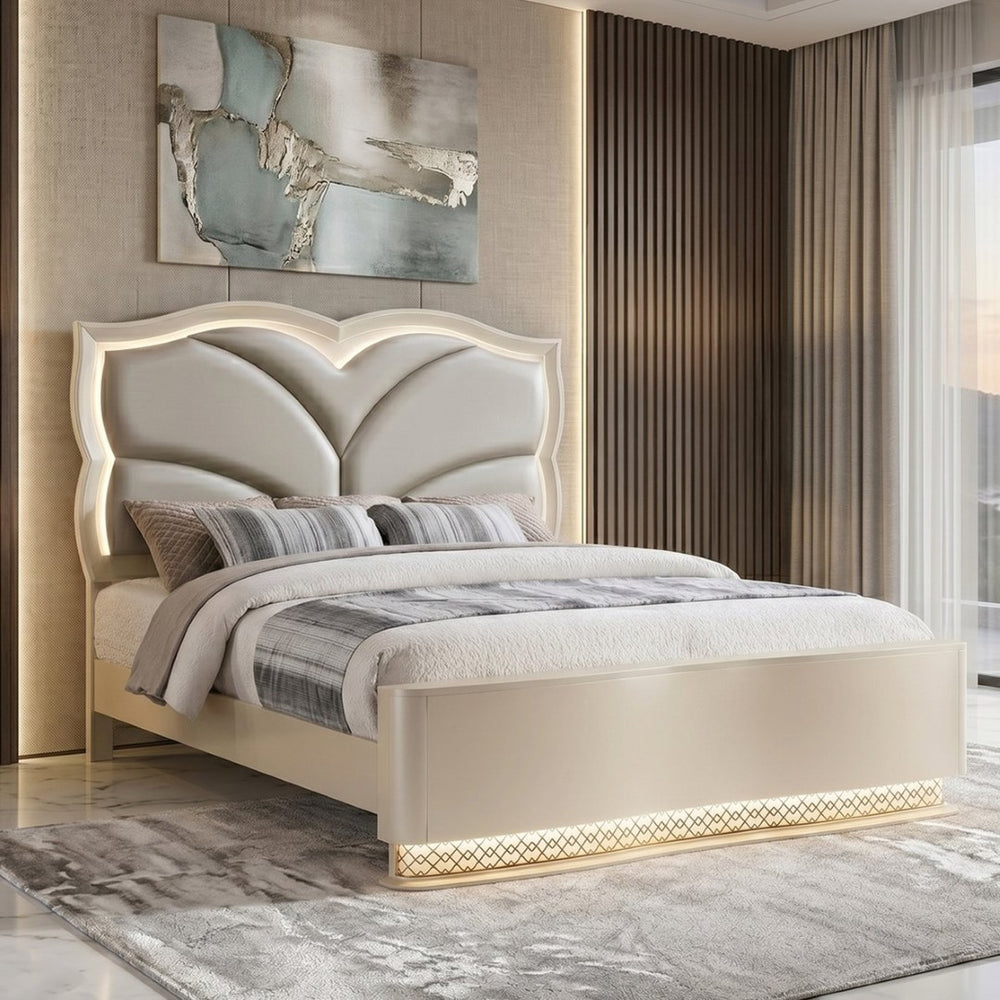 English Elm Flora Queen Platform Bed Upholstered Headboard with Glamorous Gold Trim Accents B009S02308