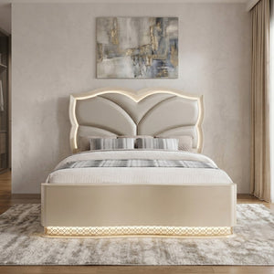 English Elm Flora Queen Platform Bed Upholstered Headboard with Glamorous Gold Trim Accents B009S02308
