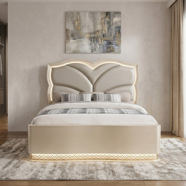 English Elm Flora Queen Platform Bed Upholstered Headboard with Glamorous Gold Trim Accents B009S02308