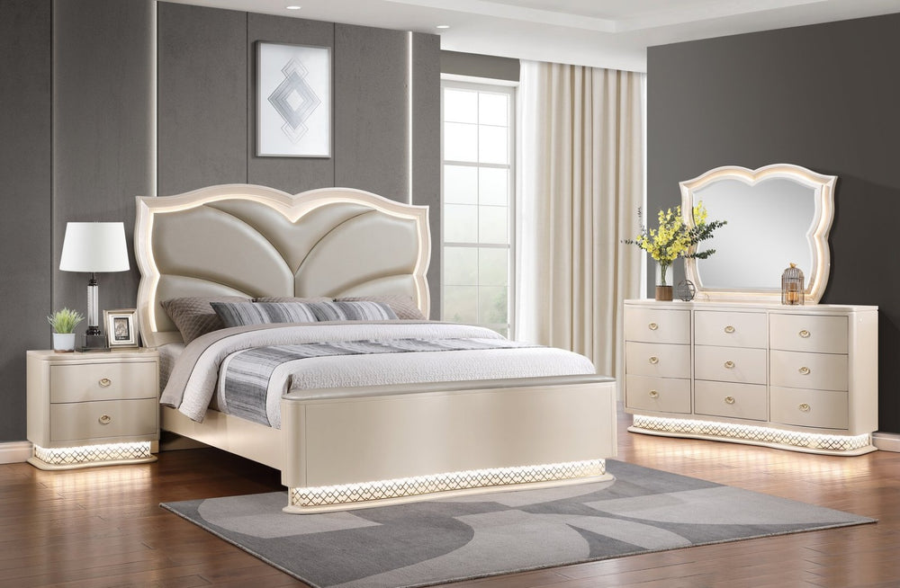 English Elm Flora Queen Bedroom Set Upholstered Headboard Glam Champagne Gold Four Piece B009S02310