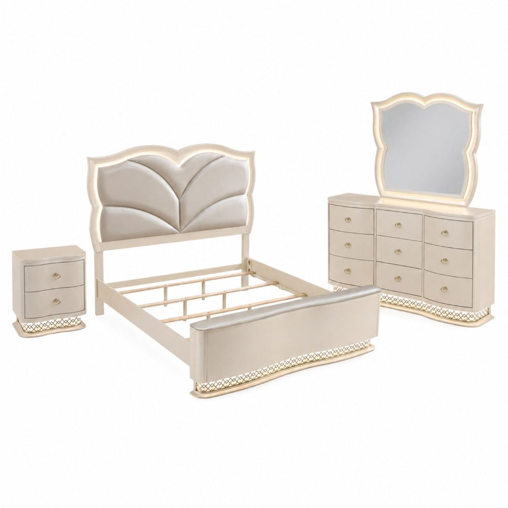 English Elm Flora King Bedroom Set Upholstered Headboard Champagne Finish Glam 4 Piece B009S02311