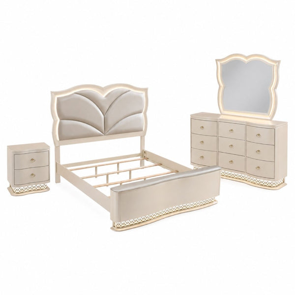 English Elm Flora King Bedroom Set Upholstered Headboard Champagne Finish Glam 4 Piece B009S02311
