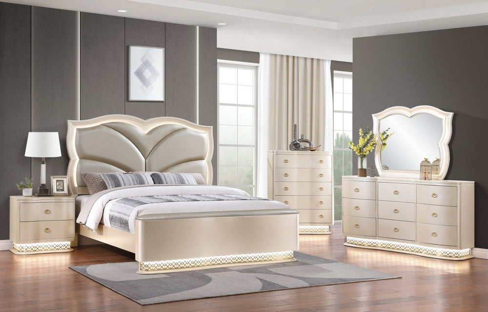 English Elm Flora Queen Bedroom Set Upholstered Headboard Champagne Gold Accents 5 Piece Suite B009S02312