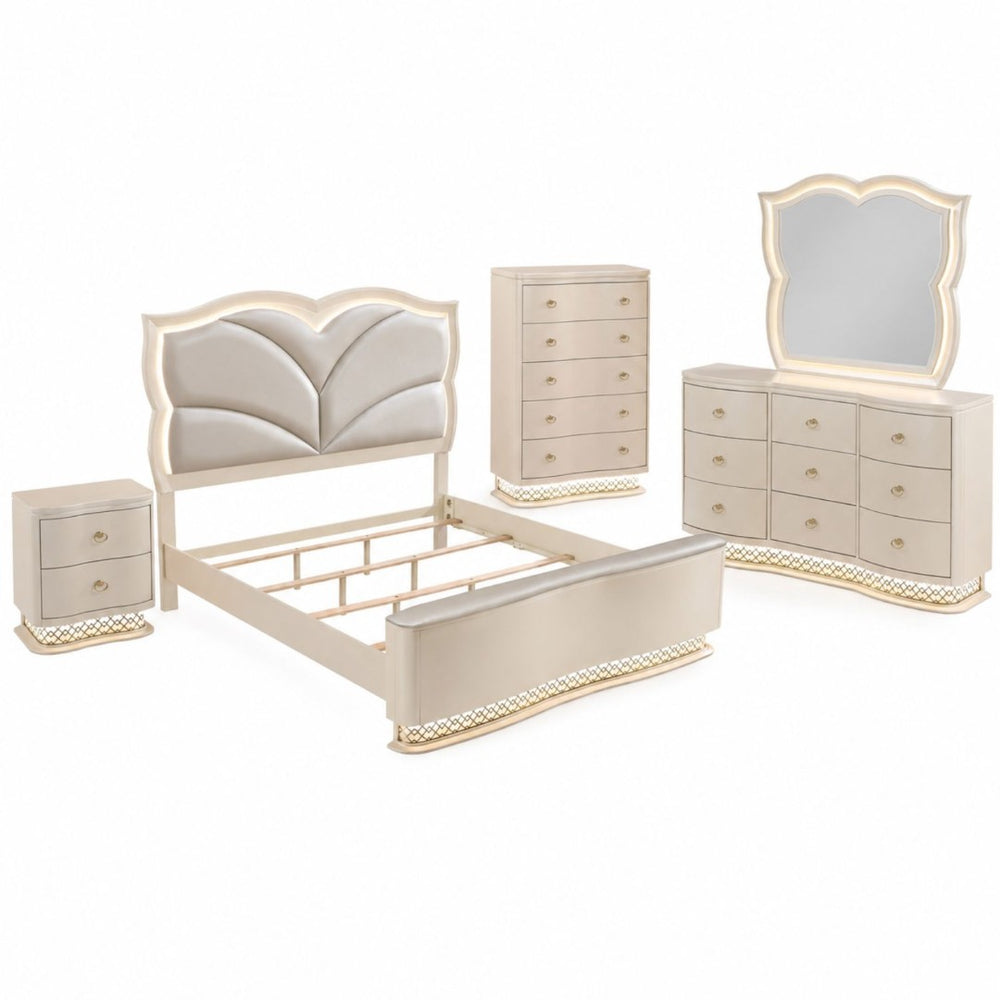 English Elm Flora Queen Bedroom Set Upholstered Headboard Champagne Gold Accents 5 Piece Suite B009S02312