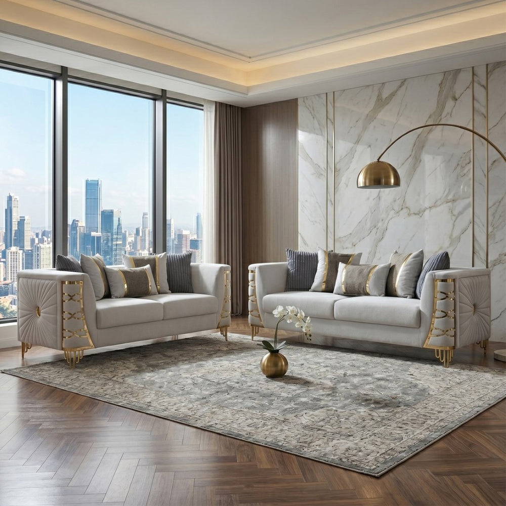 English Elm Contessa Glam Velvet Sofa and Loveseat Set with Gold Accent Legs for Living Rooms Gray B009S02314