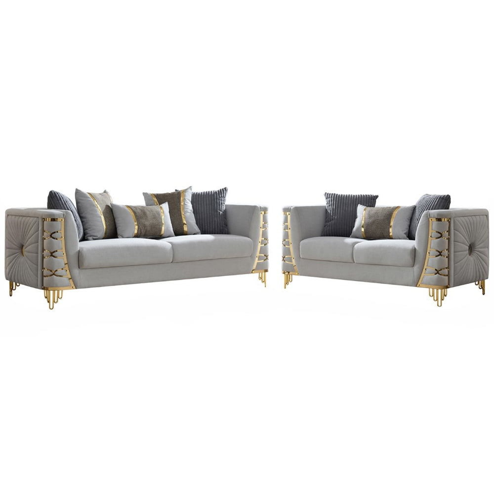 English Elm Contessa Glam Velvet Sofa and Loveseat Set with Gold Accent Legs for Living Rooms Gray B009S02314
