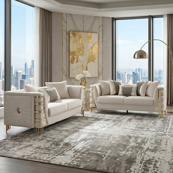English Elm Contessa Glam Velvet Sofa and Loveseat Set with Gold Accent Legs for Living Rooms Beige B009S02316