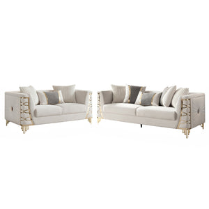 English Elm Contessa Glam Velvet Sofa and Loveseat Set with Gold Accent Legs for Living Rooms Beige B009S02316
