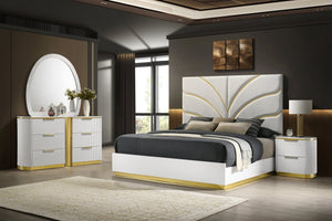 English Elm Giovanni Queen Platform Bed Oversized Upholstered Headboard Gold Accents Modern Luxe B009S02324