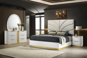 English Elm Giovanni Queen Bedroom Set Tufted Panel Bed Dresser Mirror and Nightstand White Gold B009S02326