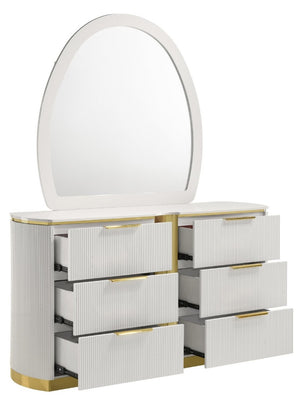 English Elm Giovanni Queen Bedroom Set Tufted Panel Bed Dresser Mirror and Nightstand White Gold B009S02326