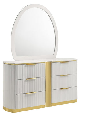 English Elm Giovanni Queen Bedroom Set Tufted Panel Bed Dresser Mirror and Nightstand White Gold B009S02326