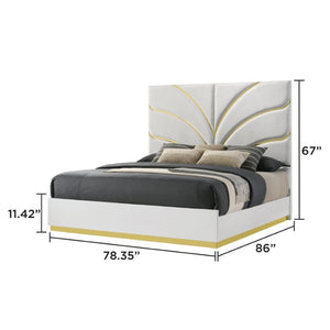 English Elm Giovanni King Bedroom Set White Lacquer Gold Accents Upholstered Headboard Four Piece B009S02327