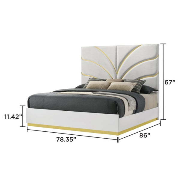 English Elm Giovanni King Bedroom Set White Lacquer Gold Accents Upholstered Headboard Four Piece B009S02327