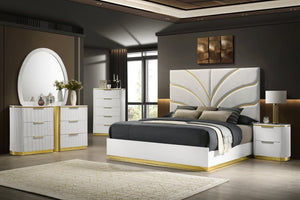 English Elm Giovanni Queen Bedroom Set Five Piece Upholstered Headboard White Gold Glam B009S02328