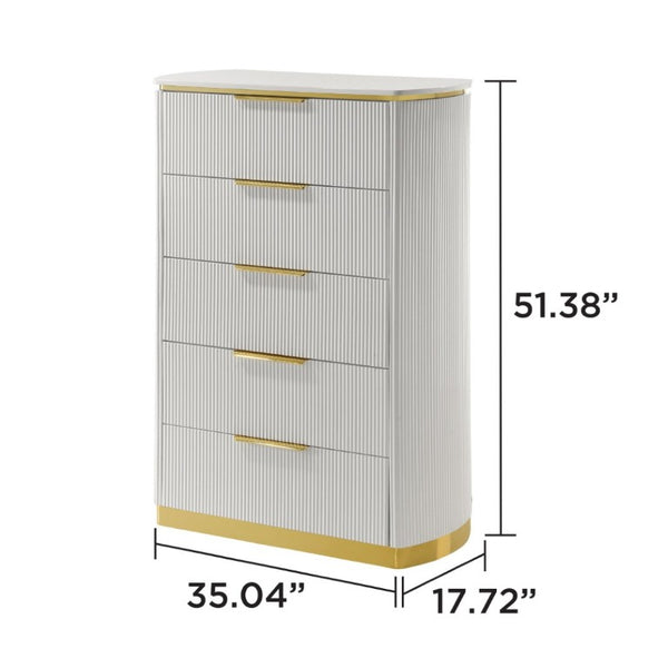 English Elm Giovanni Queen Bedroom Set Five Piece Upholstered Headboard White Gold Glam B009S02328