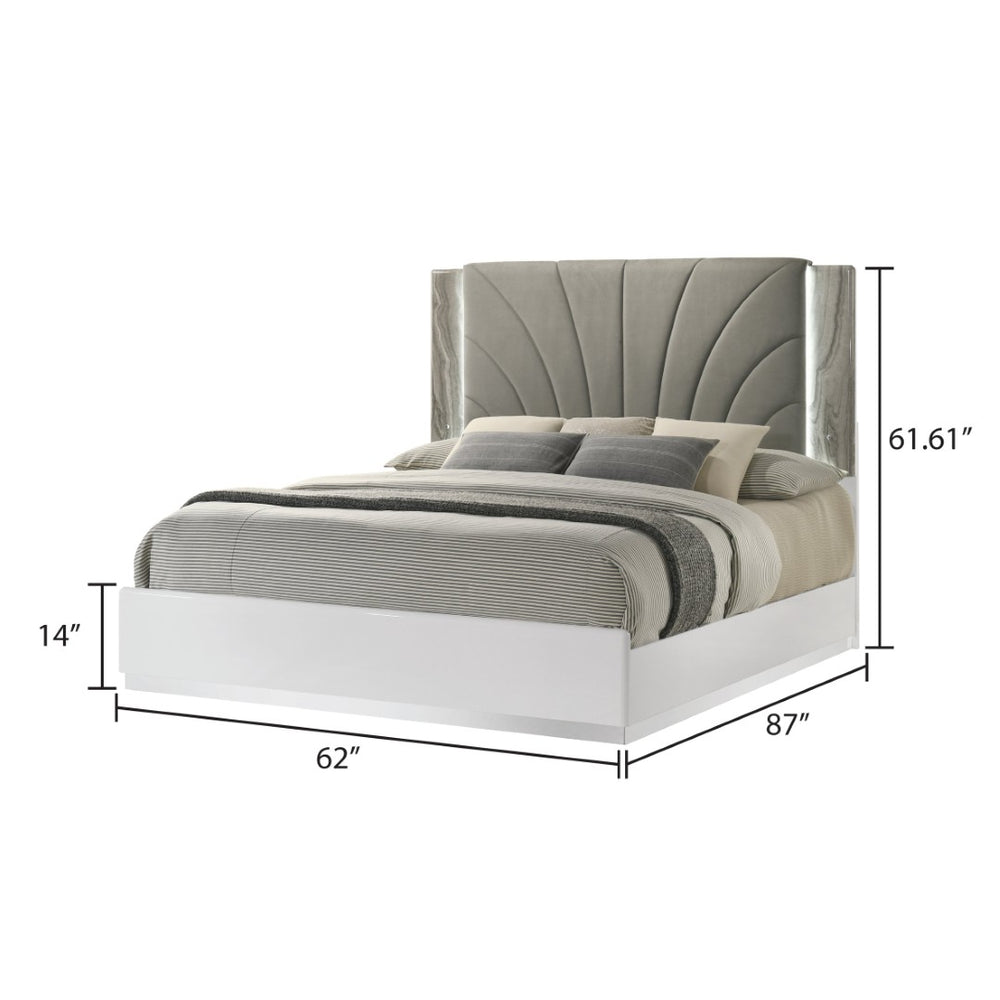 English Elm Jazz Queen Platform Bed Upholstered Headboard with LED Ambient Light Gloss White Frame B009S02330