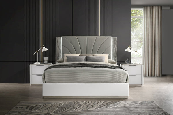 English Elm Jazz Queen Platform Bed Upholstered Headboard with LED Ambient Light Gloss White Frame B009S02330