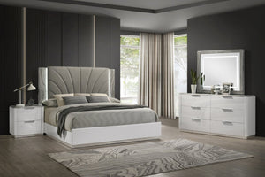 English Elm Jazz Queen Bedroom Set White Lacquer Finish Channel Tufted Headboard LED Ambiance B009S02332