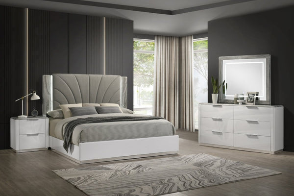 English Elm Jazz Queen Bedroom Set White Lacquer Finish Channel Tufted Headboard LED Ambiance B009S02332