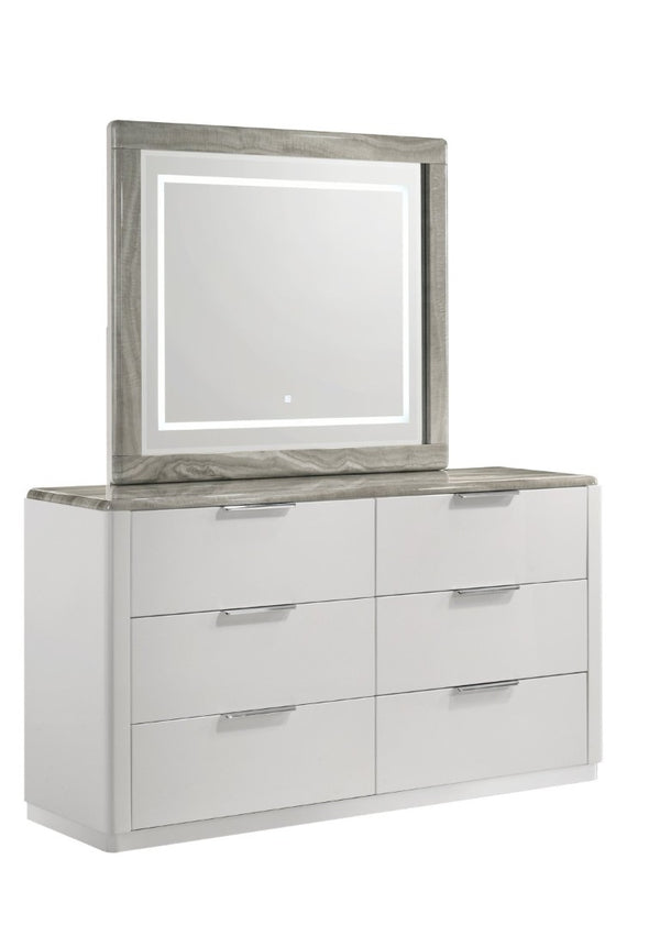 English Elm Jazz Queen Bedroom Set White Lacquer Finish Channel Tufted Headboard LED Ambiance B009S02332