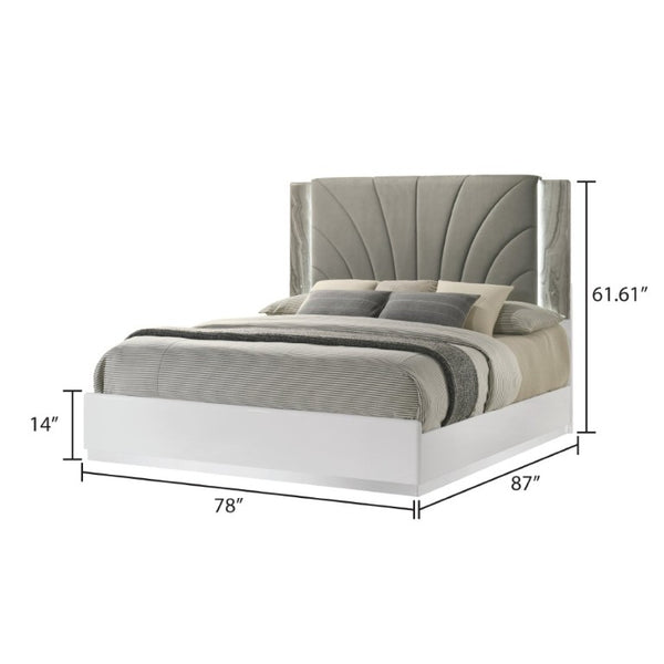 English Elm Jazz King Bedroom Set LED Upholstered Headboard White Lacquer Marble Grain Accents B009S02333