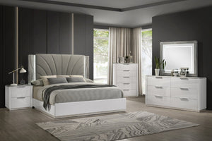 English Elm Jazz Queen Bedroom Set Gloss White Lacquer LED Headboard Gray Marble Five Piece Suite B009S02334