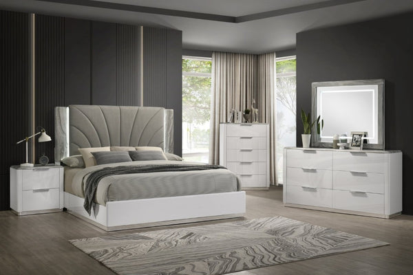 English Elm Jazz Queen Bedroom Set Gloss White Lacquer LED Headboard Gray Marble Five Piece Suite B009S02334