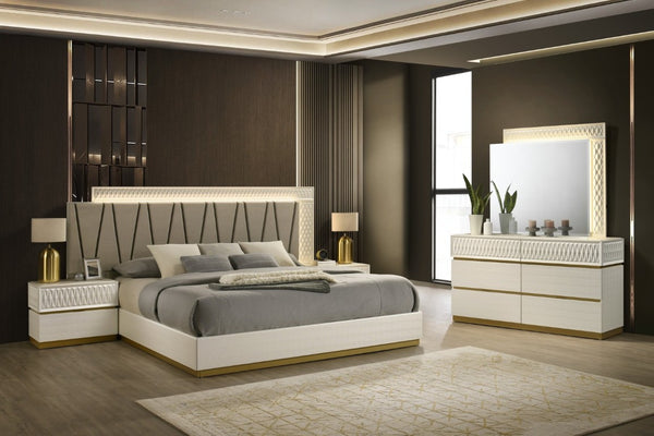 English Elm Stanley Queen Bedroom Set with LED Headboard Gray Crocodile Texture Four Piece Suite B009S02338