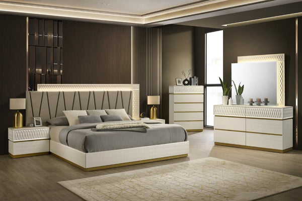 English Elm Stanley Queen Bedroom Set with LED Headboard Gray Crocodile PVC Finish Five Piece B009S02340