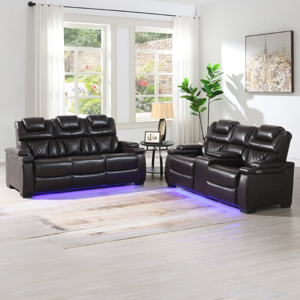 English Elm Lexus Power Reclining Sofa Set with Led Lighting Brown Leather Home Theater B009S02342