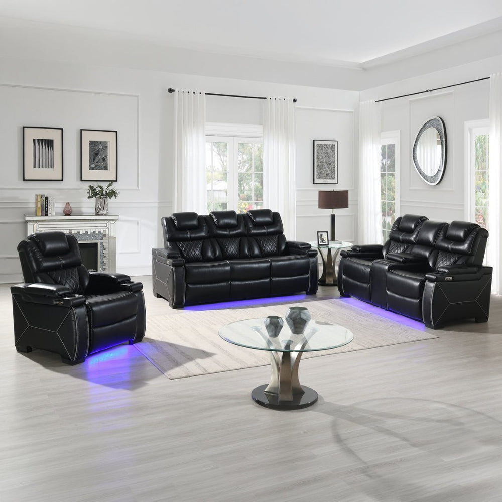 English Elm Lexus 3 Piece Power Reclining Sofa Set with Led Lighting and Air Leather Seating B009S02345