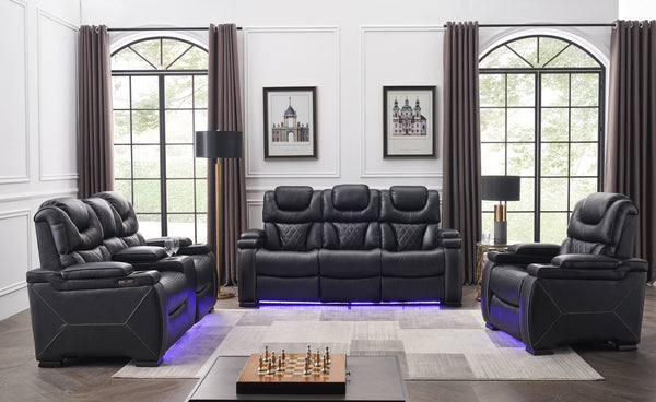 English Elm Lexus 3 Piece Power Reclining Sofa Set with Led Lighting and Air Leather Seating B009S02345